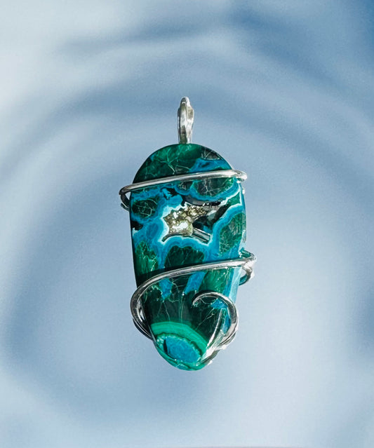 Azurite & Malachite Cabochon in Sterling Silver Tension Wrapped Pendant