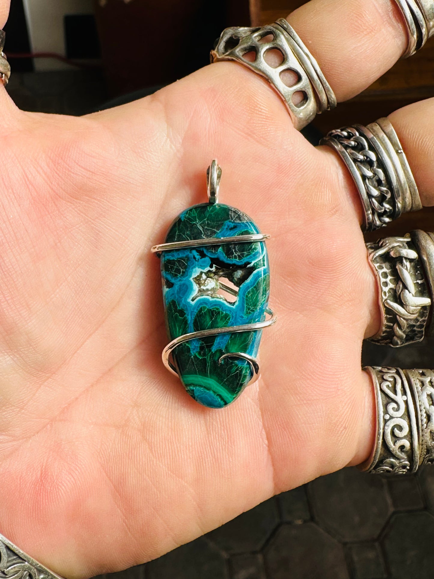 Azurite & Malachite Cabochon in Sterling Silver Tension Wrapped Pendant