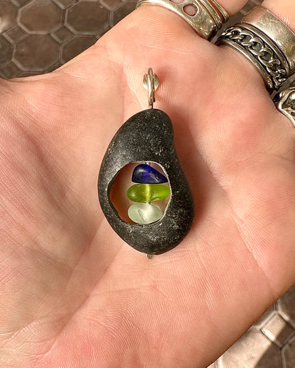 Glass within Stone Lake Erie Beach Glass Pendant