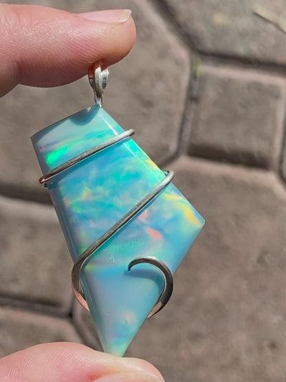 Aurora Borealis Opal in Sterling Silver Tension Wrapped Pendant