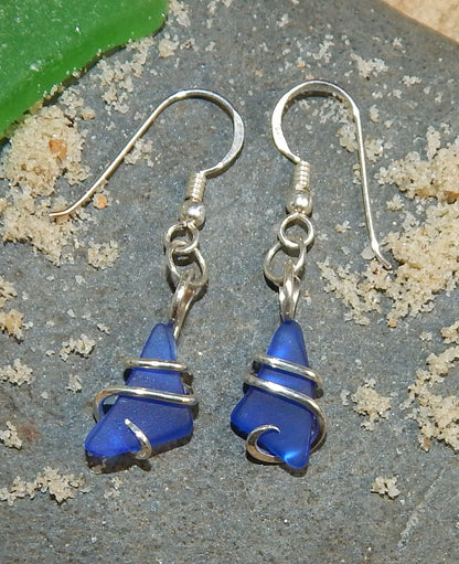 Blue Sea Glass Pair in Sterling Silver Tension Wrapped Earrings