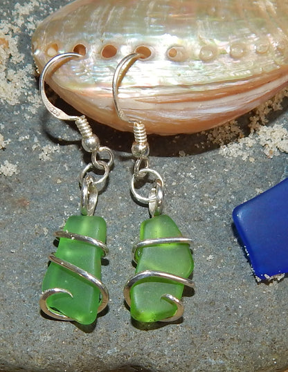 Green Sea Glass Pair in Sterling Silver Tension Wrapped Earrings