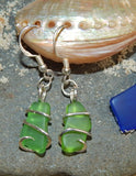 Green Sea Glass Pair in Sterling Silver Tension Wrapped Earrings