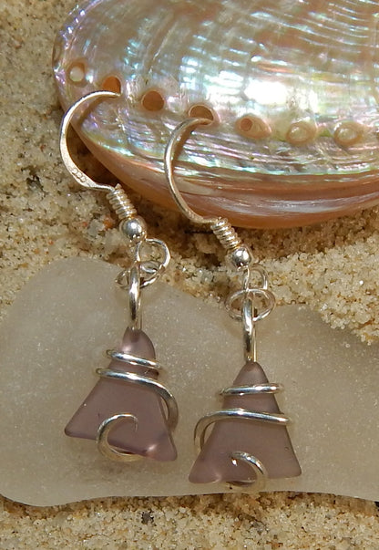 Lavender Sea Glass Pair in Sterling Silver Tension Wrapped Earrings