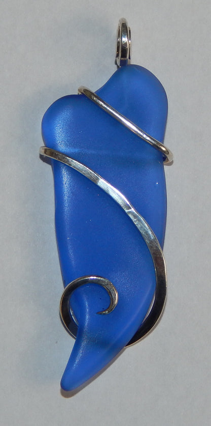 Blue Sea Glass in Sterling Silver Tension Wrapped Pendant