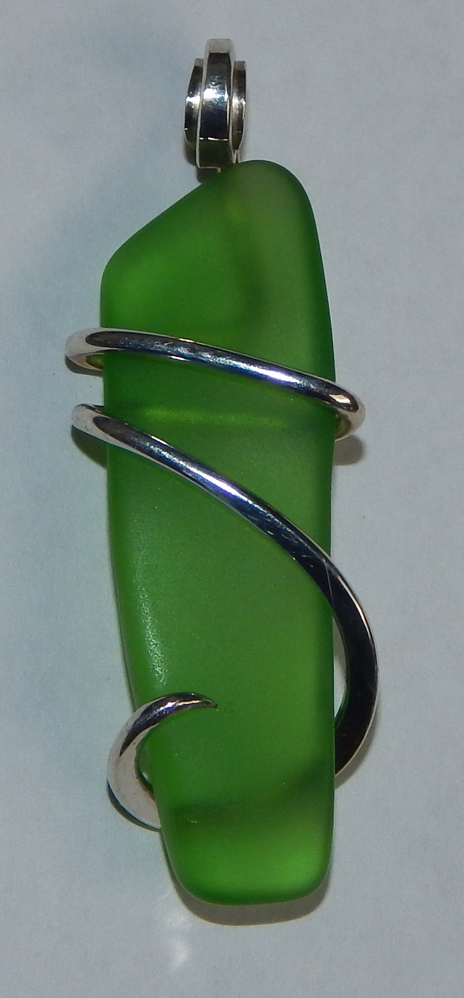 Green Sea Glass in Sterling Silver Tension Wrapped Pendant