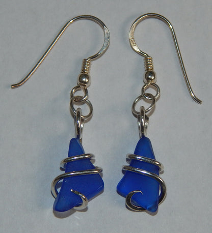 Blue Sea Glass Pair in Sterling Silver Tension Wrapped Earrings