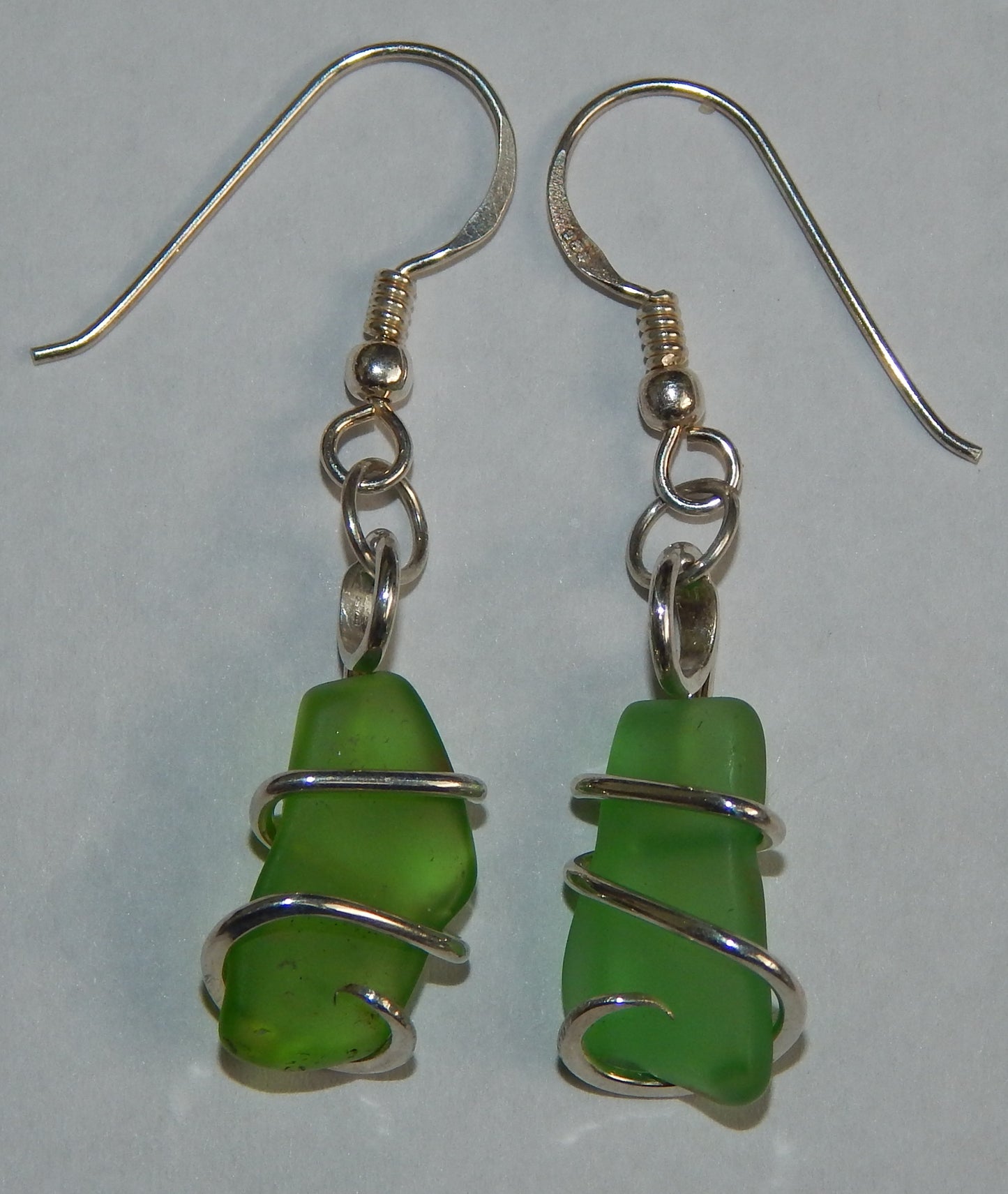 Green Sea Glass Pair in Sterling Silver Tension Wrapped Earrings