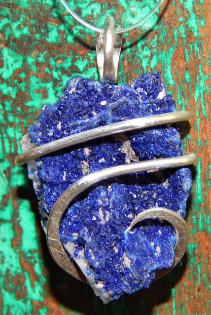 Azurite Druzy in Sterling Silver Tension Wrapped Pendant