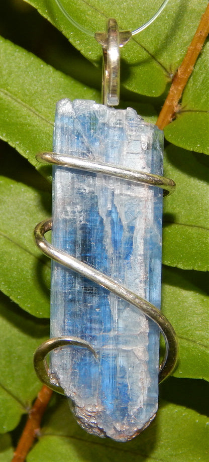 Blue Kyanite Crystal in Sterling Silver Tension Wrapped Pendant