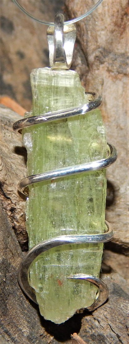 Green Kyanite Crystal in Sterling Silver Tension Wrapped Pendant