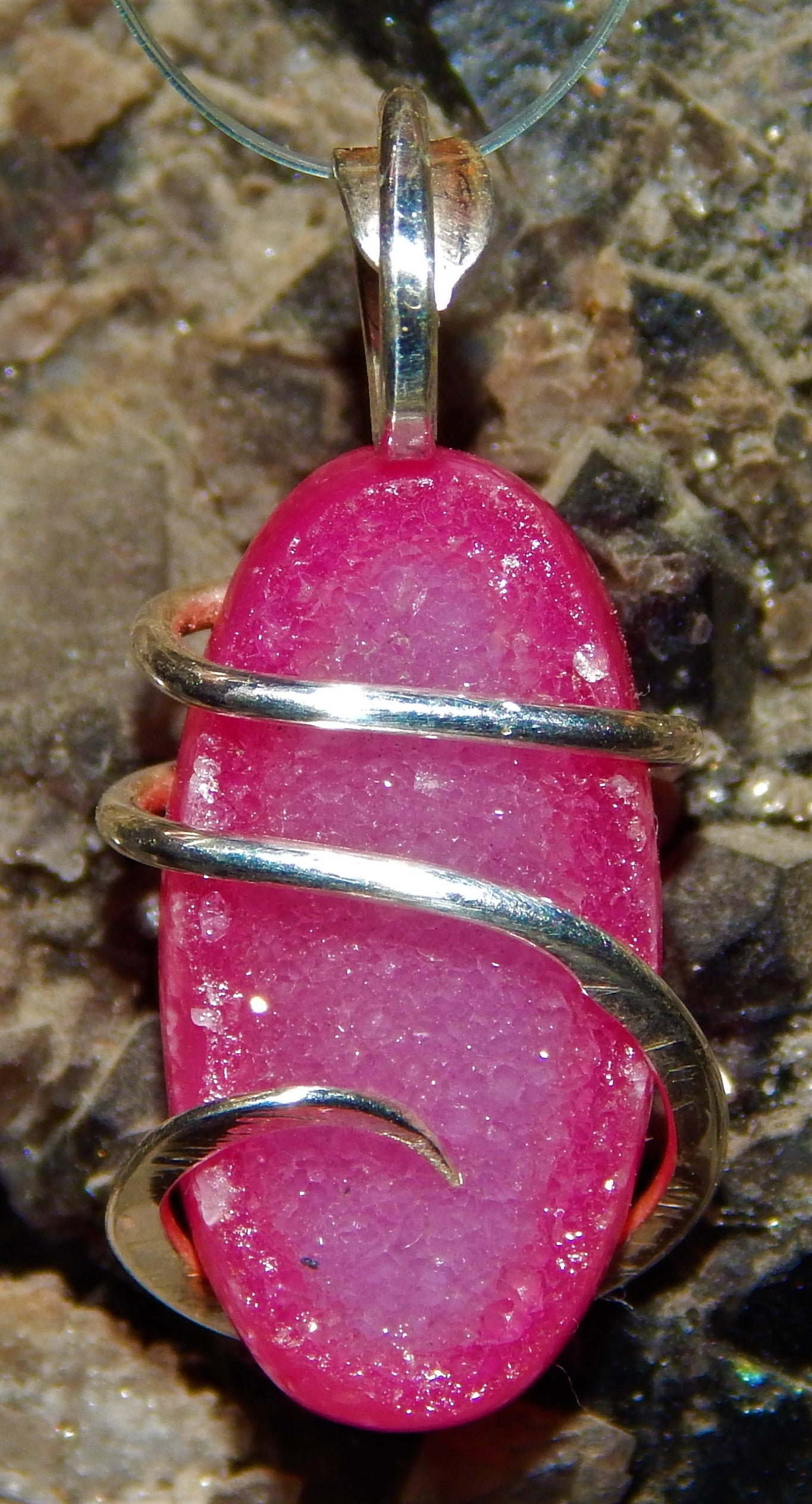 Dyed Agate Druzy in Sterling Silver Tension Wrapped Pendant