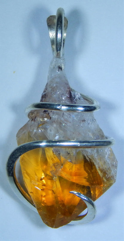 Citrine Crystal in Sterling Silver Tension Wrapped Pendant