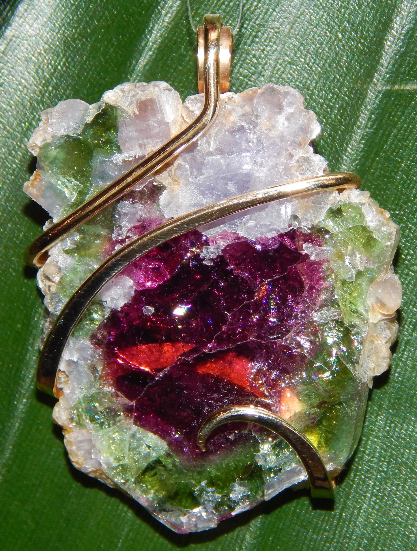 Watermelon Tourmaline Slice in 14kt Gold Tension Wrapped Pendant