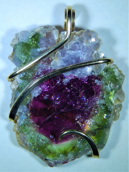 Watermelon Tourmaline Slice in 14kt Gold Tension Wrapped Pendant