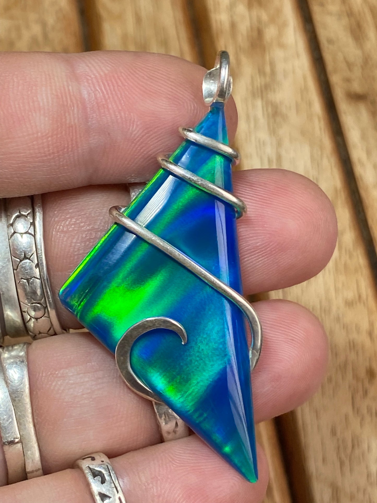 Aurora Borealis Opal in Sterling Silver Tension Wrapped Pendant