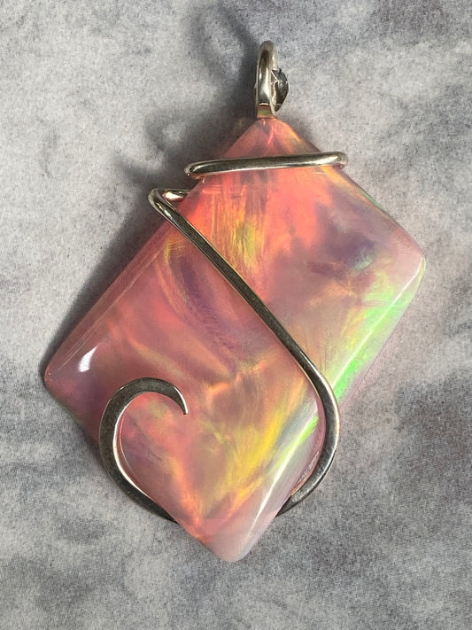 Aurora Borealis Opal in Sterling Silver Tension Wrapped Pendant