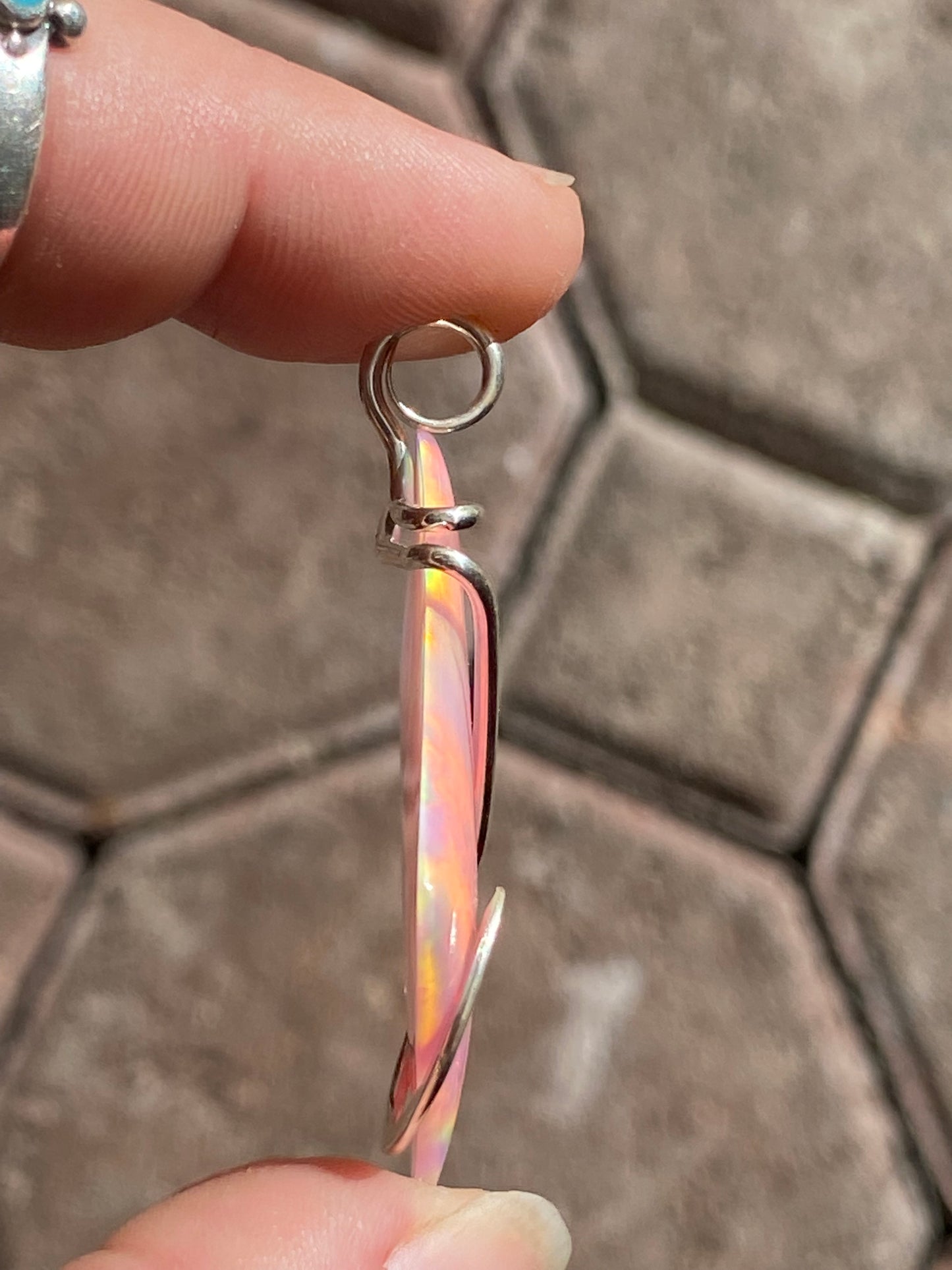 Aurora Borealis Opal in Sterling Silver Tension Wrapped Pendant