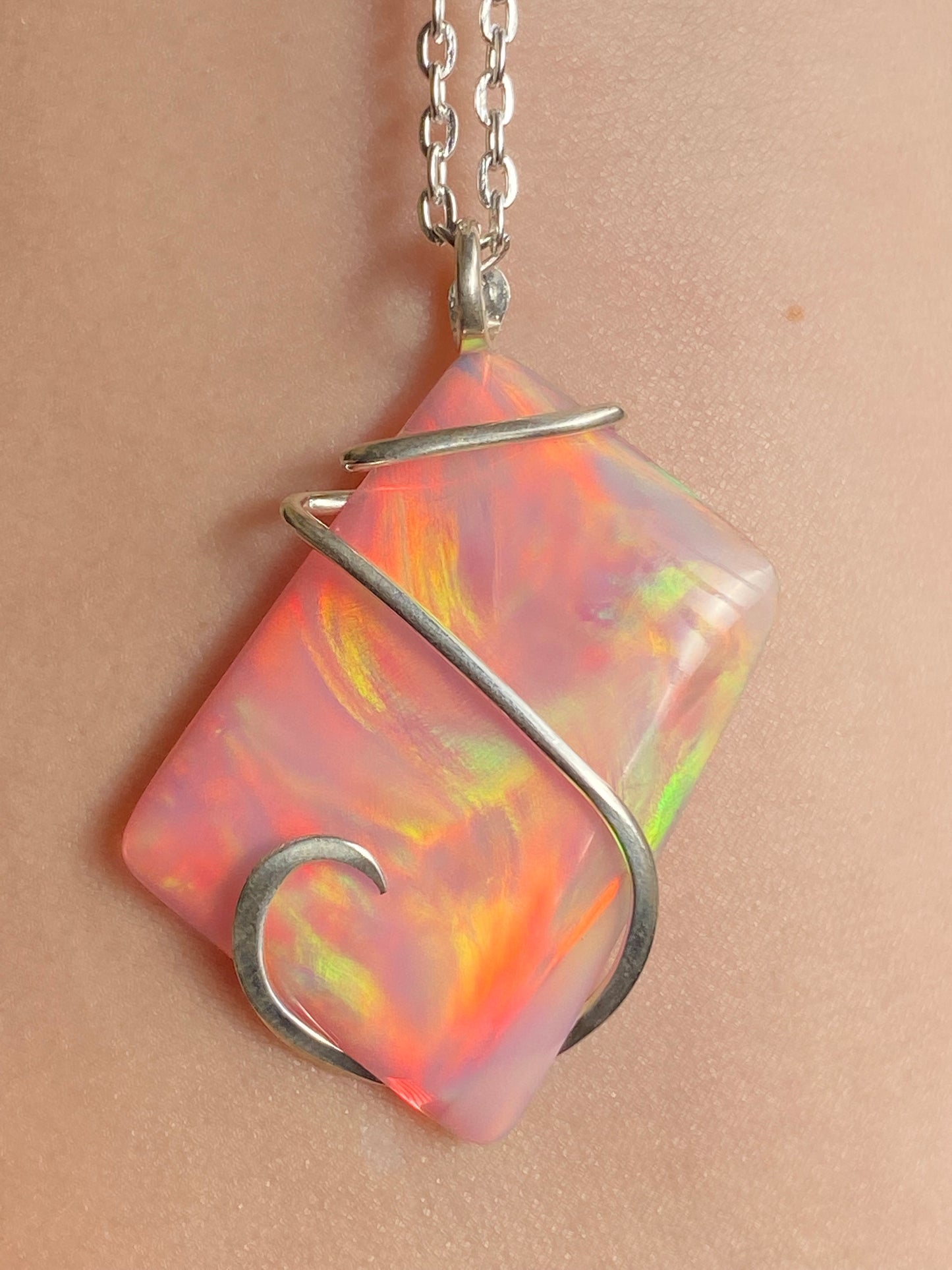 Aurora Borealis Opal in Sterling Silver Tension Wrapped Pendant