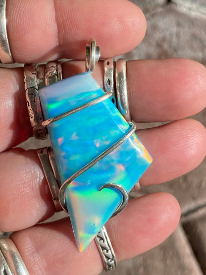 Aurora Borealis Opal in Sterling Silver Tension Wrapped Pendant