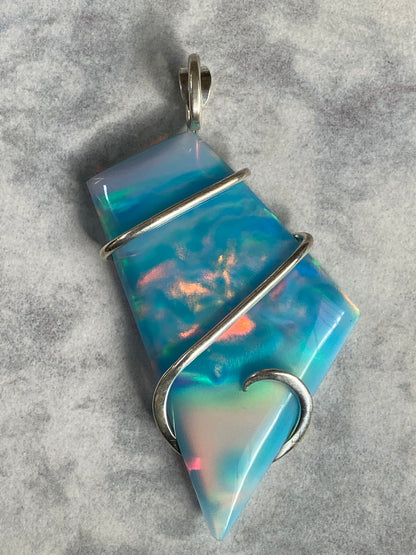 Aurora Borealis Opal in Sterling Silver Tension Wrapped Pendant