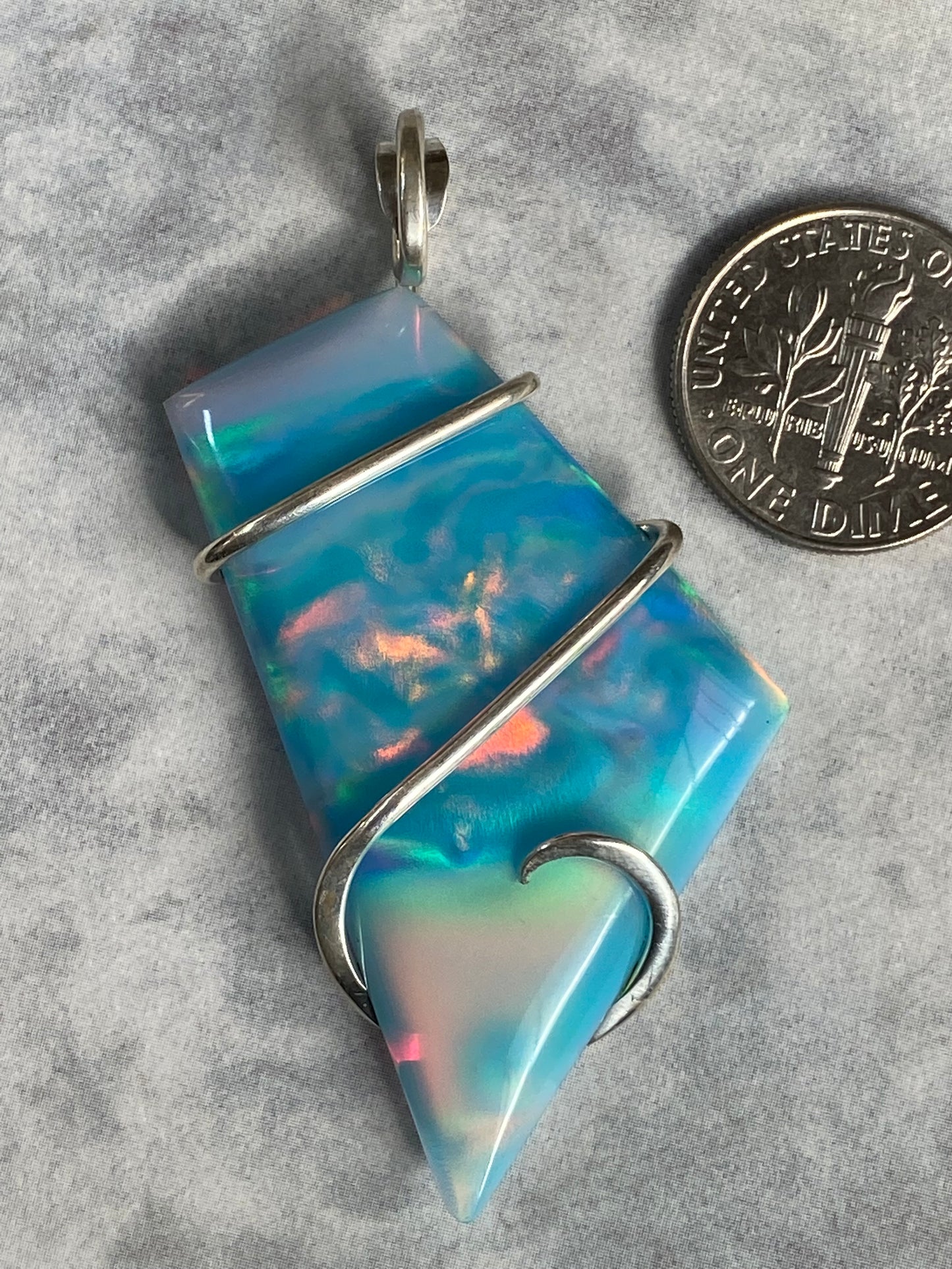 Aurora Borealis Opal in Sterling Silver Tension Wrapped Pendant