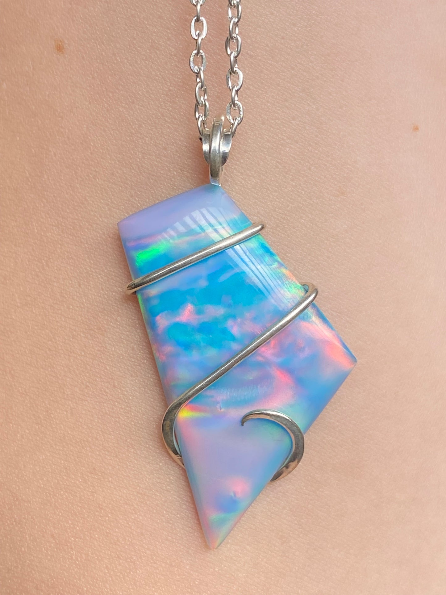 Aurora Borealis Opal in Sterling Silver Tension Wrapped Pendant