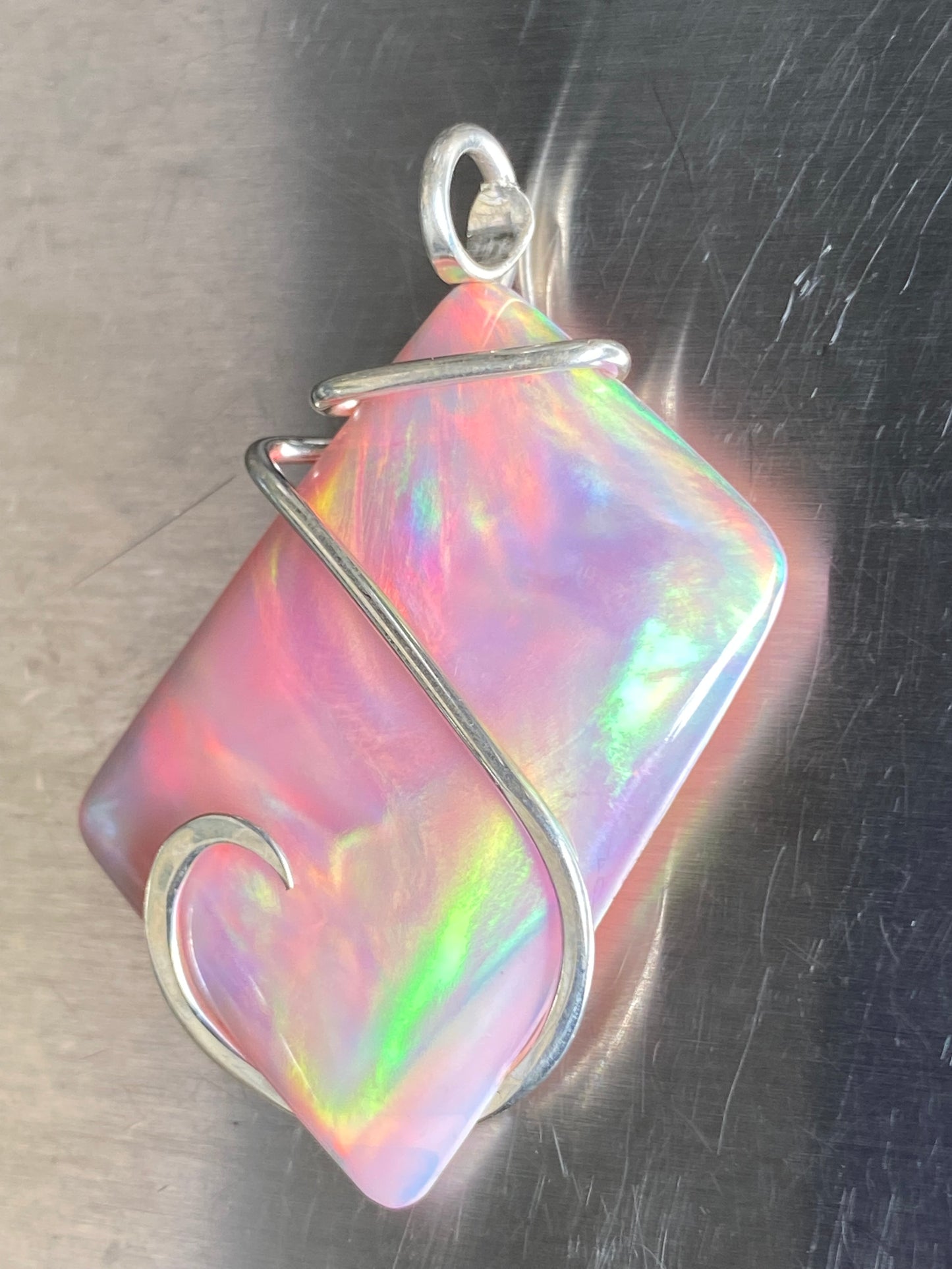 Aurora Borealis Opal in Sterling Silver Tension Wrapped Pendant