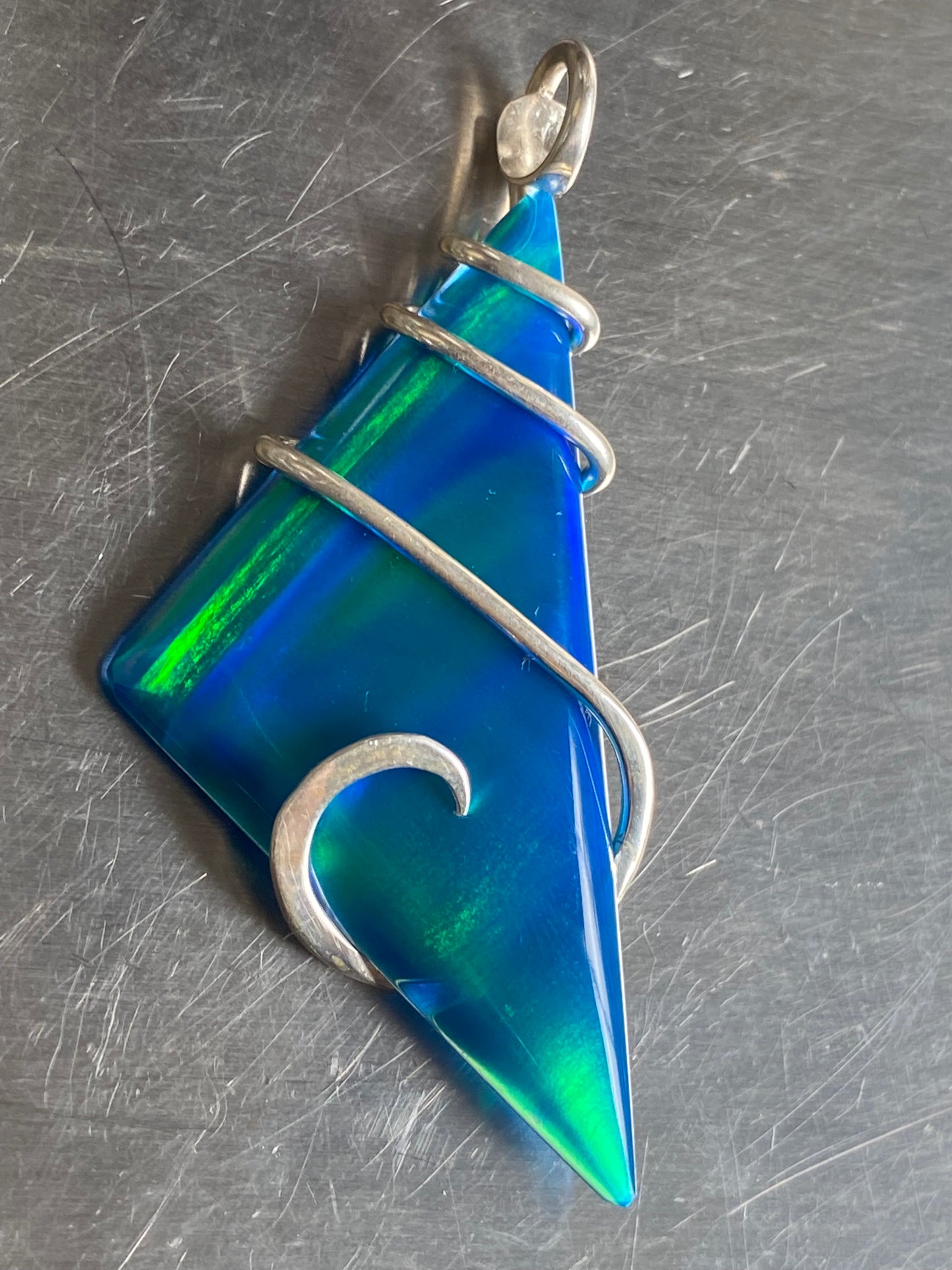 Aurora Borealis Opal in Sterling Silver Tension Wrapped Pendant