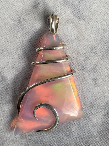 Aurora Borealis Opal in Sterling Silver Tension Wrapped Pendant