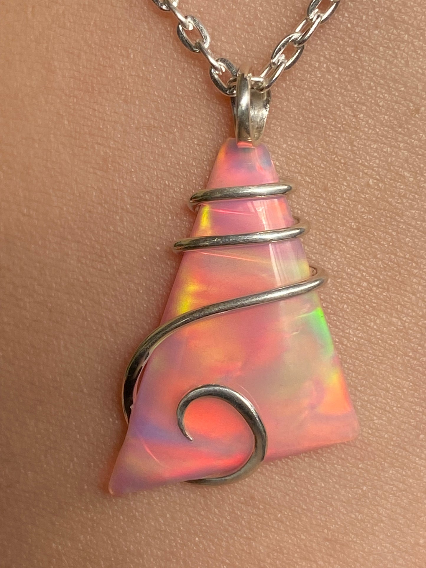 Aurora Borealis Opal in Sterling Silver Tension Wrapped Pendant