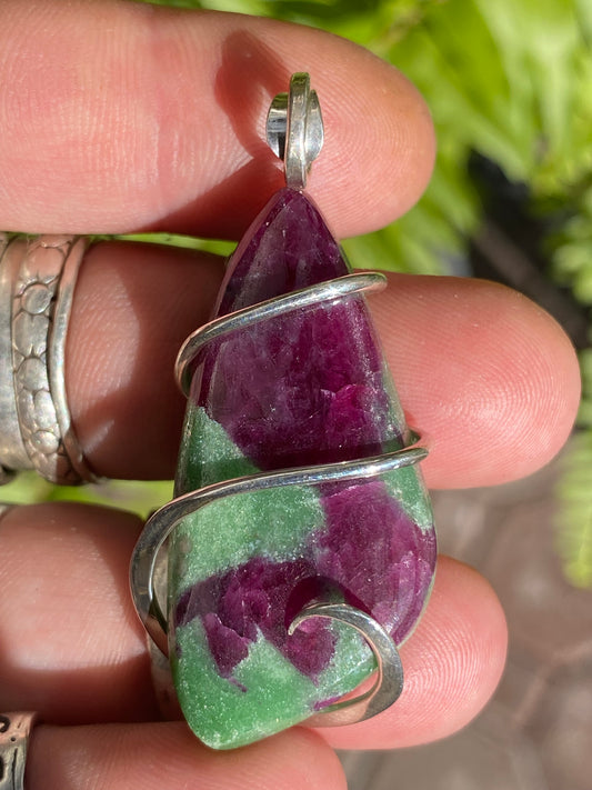 Ruby and Zoisite Cabochon in Sterling Silver Tension Wrapped Pendant