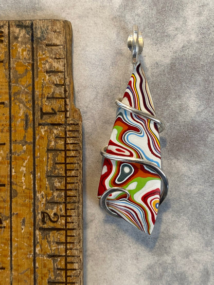 Fordite Cabochon in Sterling Silver Tension Wrapped Pendant