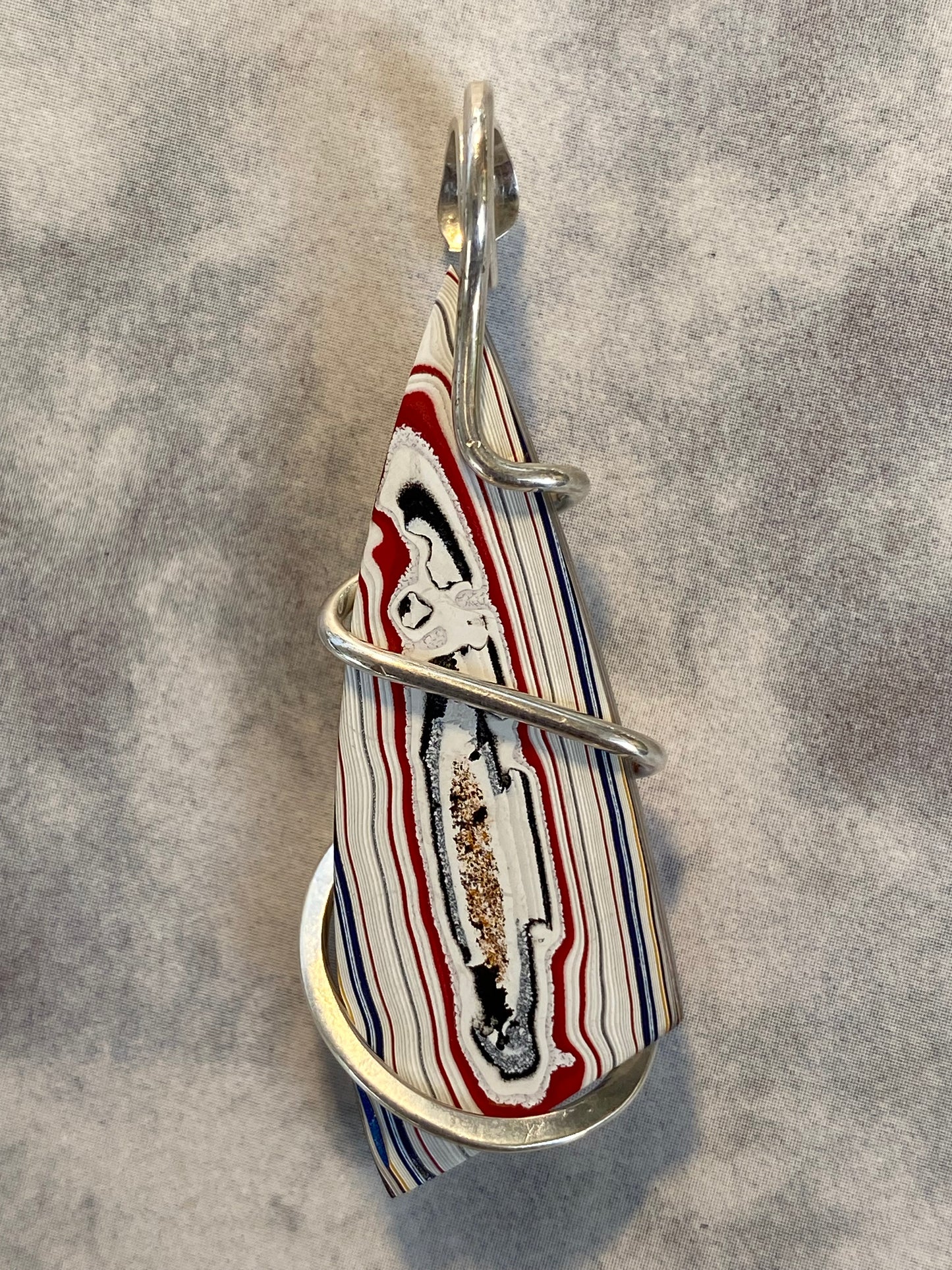 Fordite Cabochon in Sterling Silver Tension Wrapped Pendant