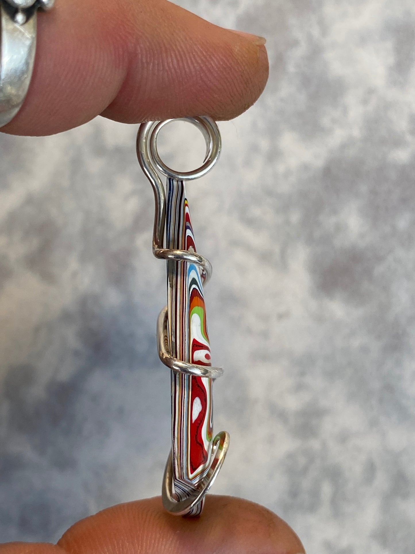 Fordite Cabochon in Sterling Silver Tension Wrapped Pendant