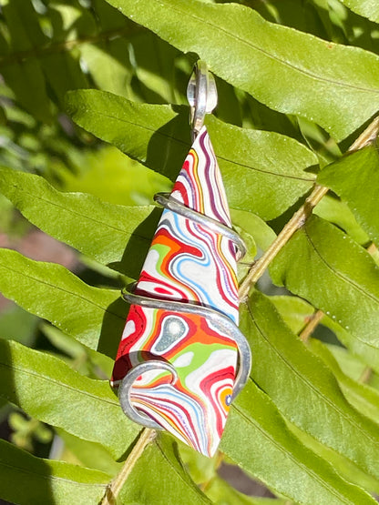 Fordite Cabochon in Sterling Silver Tension Wrapped Pendant