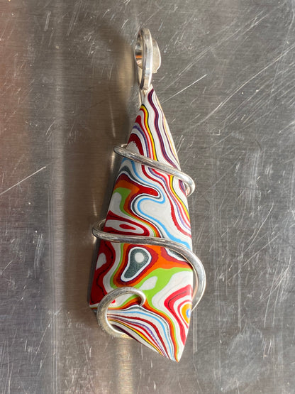 Fordite Cabochon in Sterling Silver Tension Wrapped Pendant