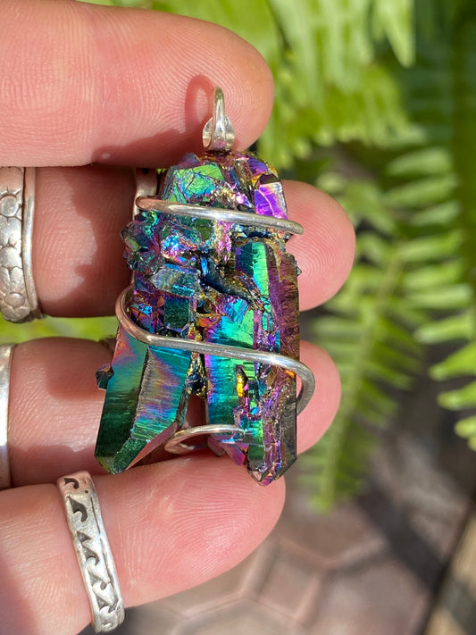 Titanium Infused Quartz Crystal Cluster in Sterling Silver Tension Wrapped Pendant