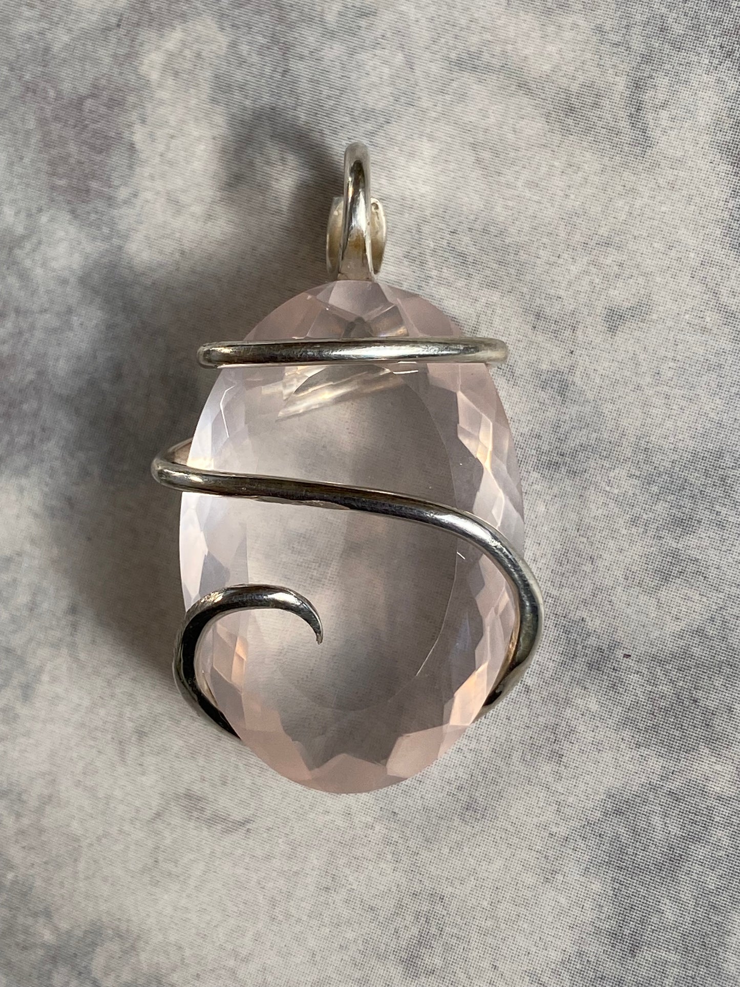 Faceted Rose Quartz in Sterling Silver Tension Wrapped Pendant