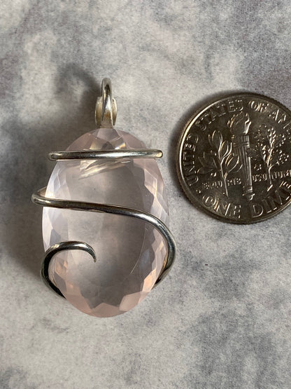 Faceted Rose Quartz in Sterling Silver Tension Wrapped Pendant