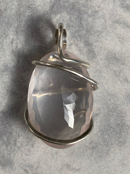 Faceted Rose Quartz in Sterling Silver Tension Wrapped Pendant