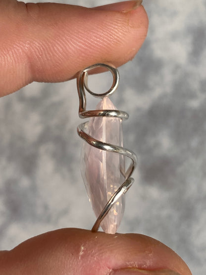 Faceted Rose Quartz in Sterling Silver Tension Wrapped Pendant