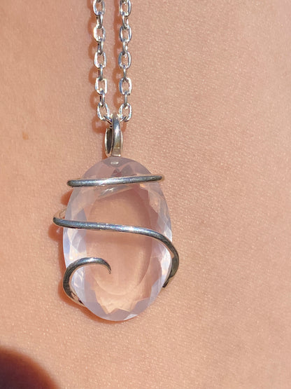 Faceted Rose Quartz in Sterling Silver Tension Wrapped Pendant