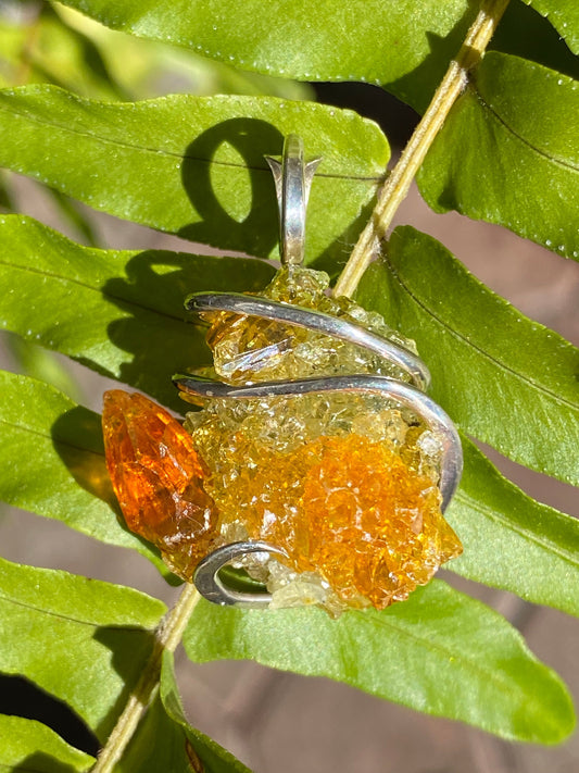 Polish Orange and Green Zincite in Sterling Silver Tension Wrapped Pendant