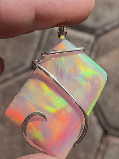 Aurora Borealis Opal in Sterling Silver Tension Wrapped Pendant