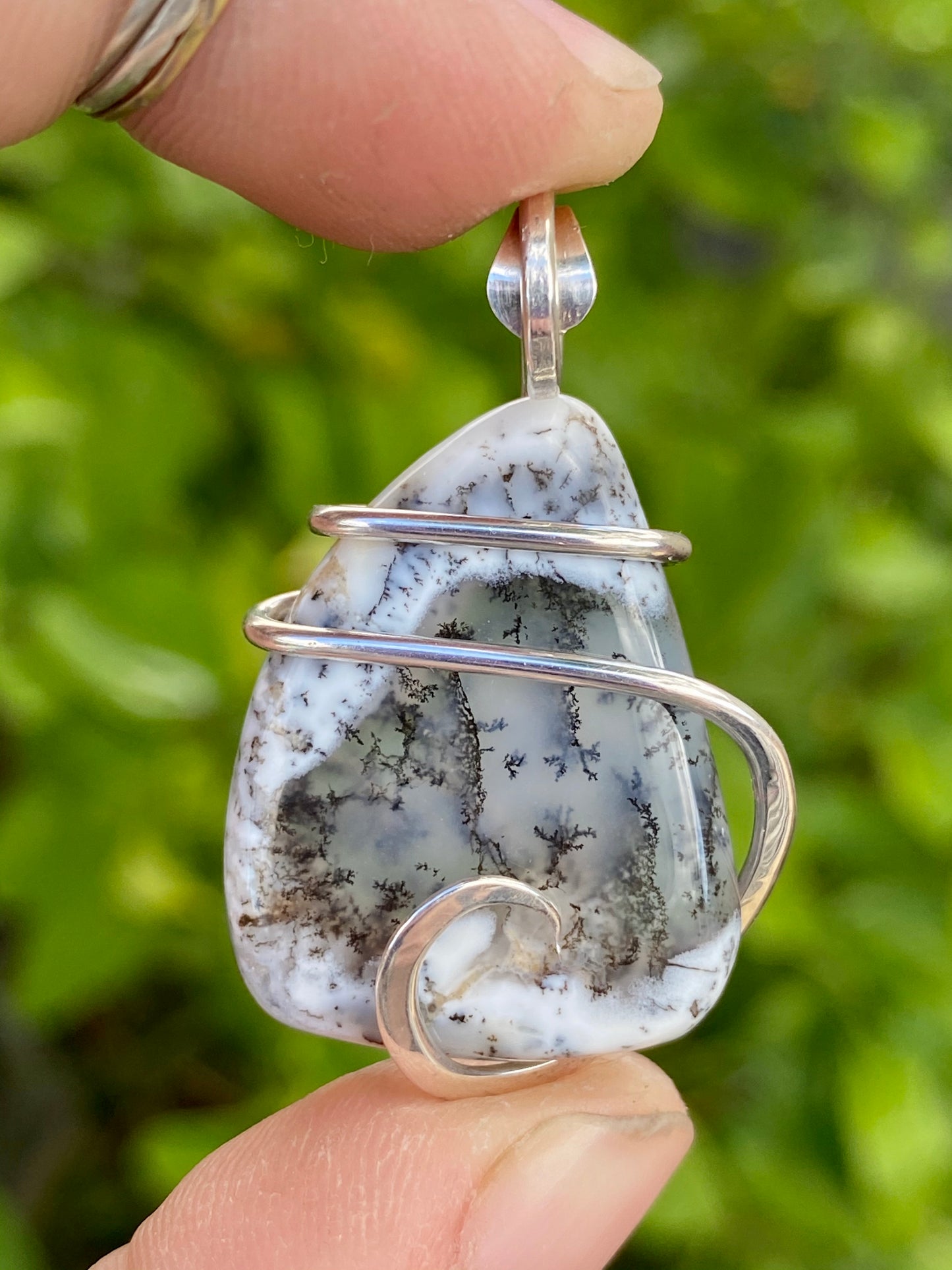 Dendritic Agate in Sterling Silver Tension Wrapped Pendant