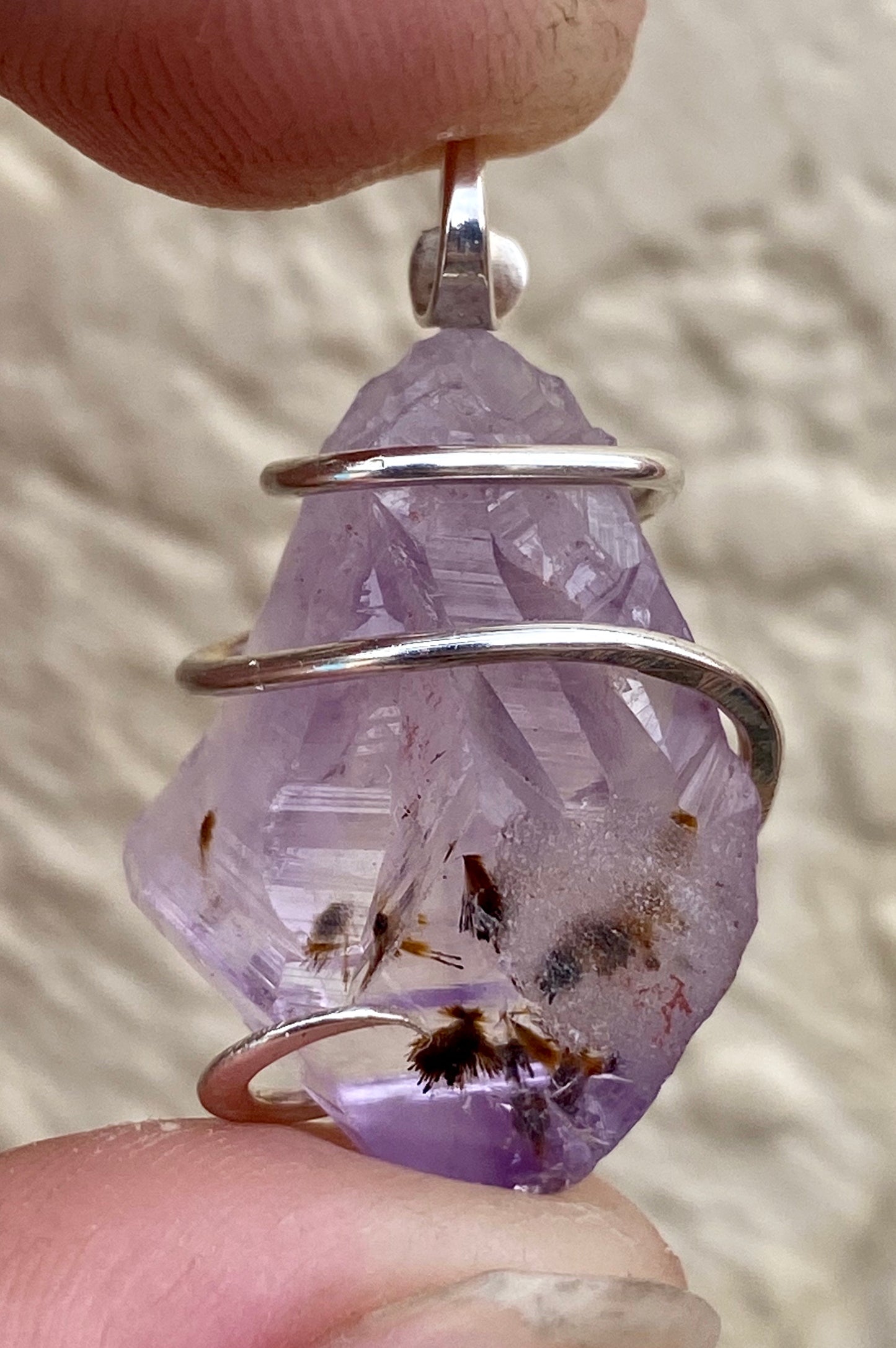 Amethyst Crystal in Sterling Silver Tension Wrapped Pendant