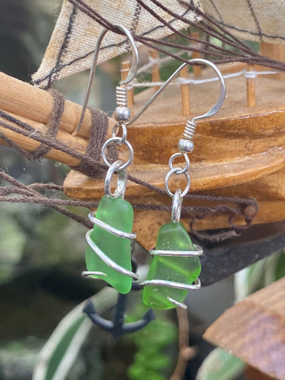 Green Sea Glass Pair in Sterling Silver Tension Wrapped Earrings