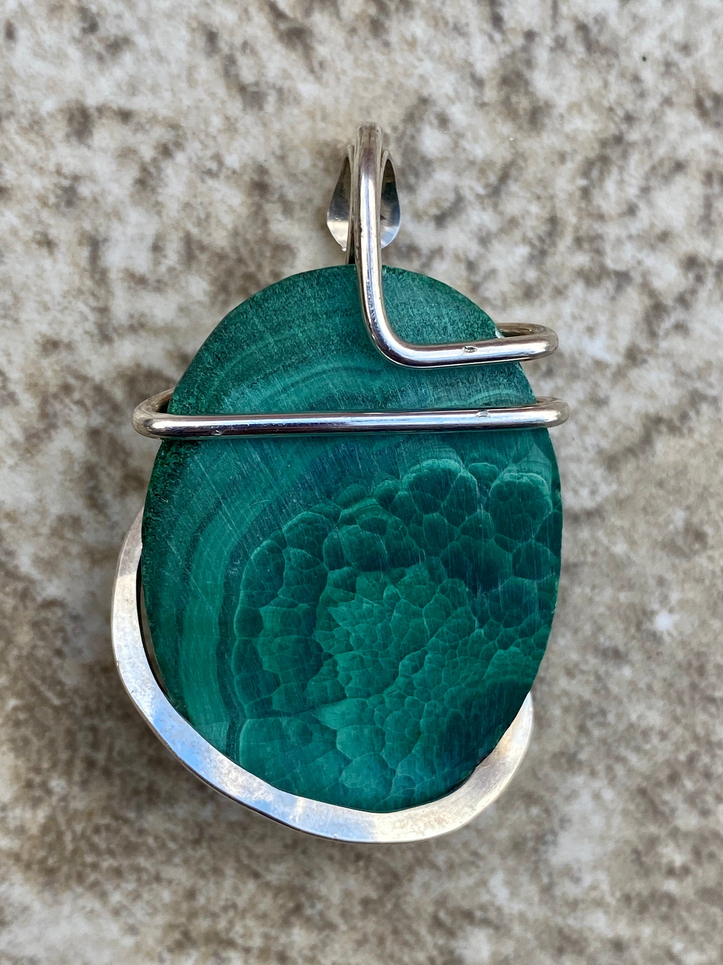 Malachite Cabochon in Sterling Silver Tension Wrapped Pendant