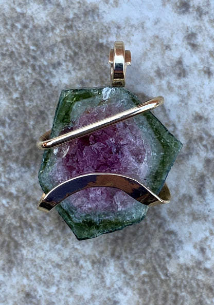 Watermelon Tourmaline Slice in 14kt Gold Tension Wrapped Pendant